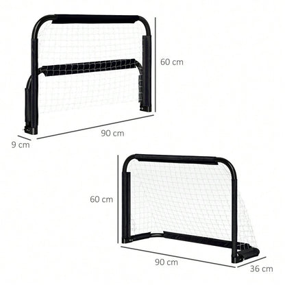 HOMCOM Fußballtor Set 2x Klappbar, Für Kinder & Erwachsene, Metallrahmen, Garten Fußballtore 90x60x36 cm (Schwarz)