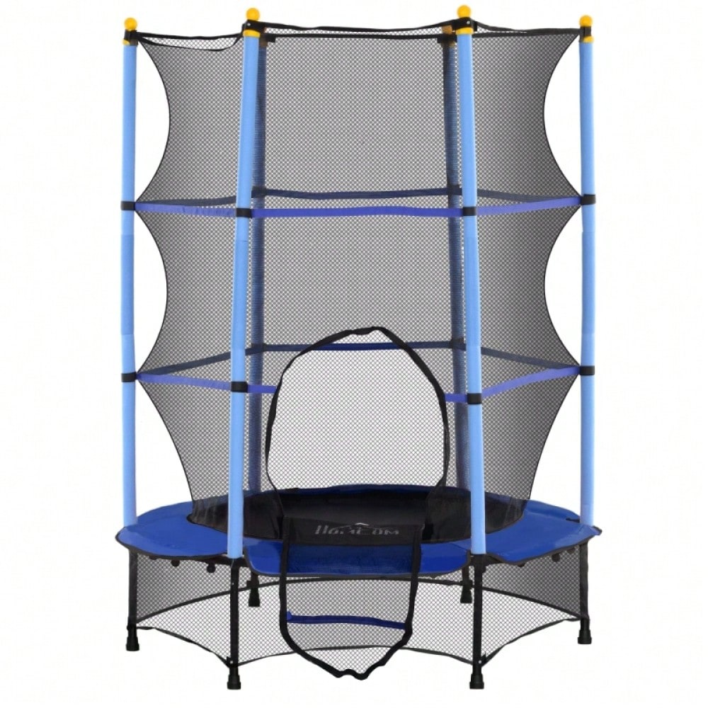 HOMCOM Kindertrampolin Ø 140 cm mit Sicherheitsnetz, Für Indoor & Outdoor, Bis 50 kg Belastbar, Stahlrahmen (Blau)