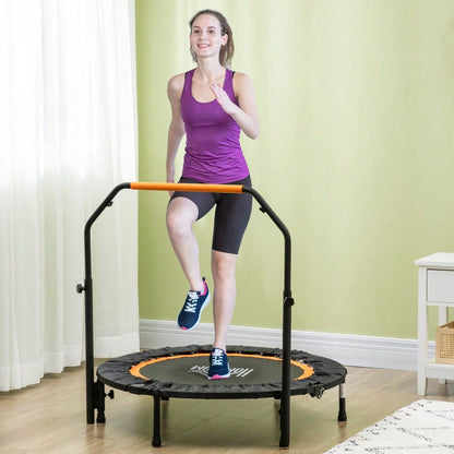 HOMCOM Fitness Trampolin 102 cm mit höhenverstellbarem Haltegriff, Faltbar für Erwachsene, Bis 100 kg Belastbar, Für Indoor Training (Schwarz)