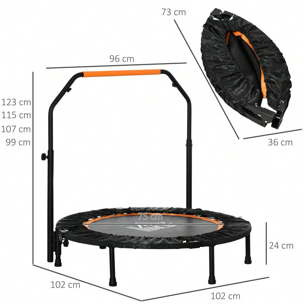 HOMCOM Fitness Trampolin 102 cm mit höhenverstellbarem Haltegriff, Faltbar für Erwachsene, Bis 100 kg Belastbar, Für Indoor Training (Schwarz)
