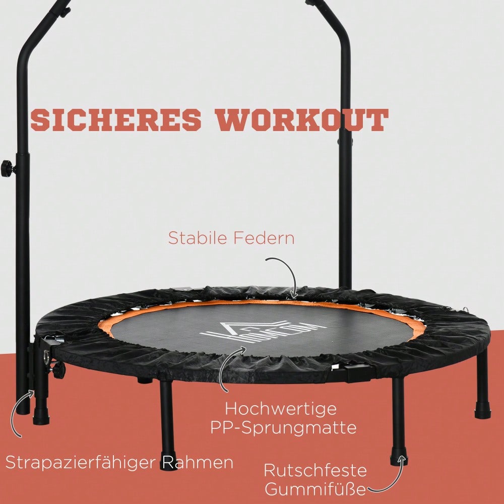 HOMCOM Fitness Trampolin 102 cm mit höhenverstellbarem Haltegriff, Faltbar für Erwachsene, Bis 100 kg Belastbar, Für Indoor Training (Schwarz)