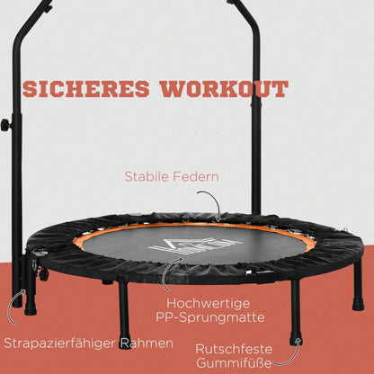 HOMCOM Fitness Trampolin 102 cm mit höhenverstellbarem Haltegriff, Faltbar für Erwachsene, Bis 100 kg Belastbar, Für Indoor Training (Schwarz)