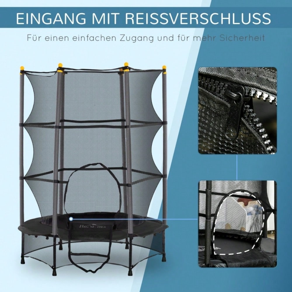 HOMCOM Kindertrampolin Ø 140 cm mit Sicherheitsnetz, Für Indoor & Outdoor, Bis 50 kg Belastbar, Stahlrahmen (Schwarz)