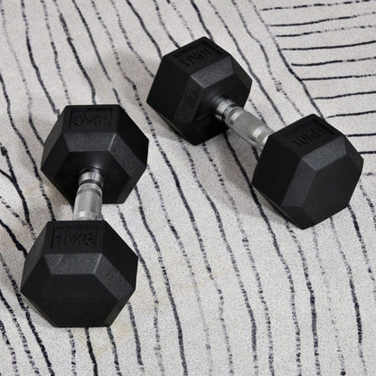 HOMCOM Kurzhantel Set 2x 10kg, Sechskant-Design mit Gummiüberzug, rutschfest & bodenschonend, für Krafttraining & Home Gym (Schwarz)