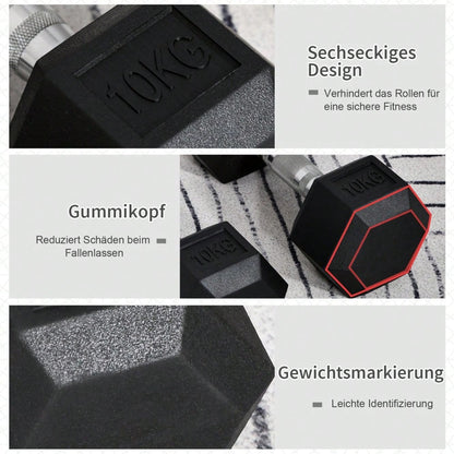 HOMCOM Kurzhantel Set 2x 10kg, Sechskant-Design mit Gummiüberzug, rutschfest & bodenschonend, für Krafttraining & Home Gym (Schwarz)