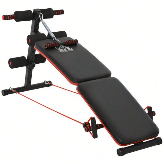 HOMCOM Bauchtrainer Bank Verstellbar & Klappbar, Multifunktionsbank mit Trainingsseilen, Bis 110 kg Belastbar, Für Home Gym & Krafttraining (Schwarz/Rot)