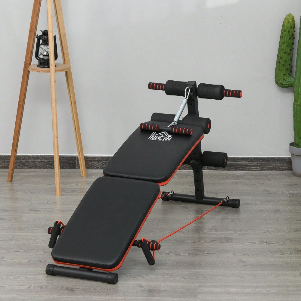 HOMCOM Bauchtrainer Bank Verstellbar & Klappbar, Multifunktionsbank mit Trainingsseilen, Bis 110 kg Belastbar, Für Home Gym & Krafttraining (Schwarz/Rot)