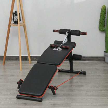 HOMCOM Bauchtrainer Bank Verstellbar & Klappbar, Multifunktionsbank mit Trainingsseilen, Bis 110 kg Belastbar, Für Home Gym & Krafttraining (Schwarz/Rot)