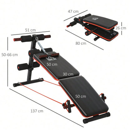 HOMCOM Bauchtrainer Bank Verstellbar & Klappbar, Multifunktionsbank mit Trainingsseilen, Bis 110 kg Belastbar, Für Home Gym & Krafttraining (Schwarz/Rot)