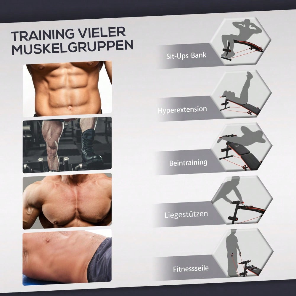 HOMCOM Bauchtrainer Bank Verstellbar & Klappbar, Multifunktionsbank mit Trainingsseilen, Bis 110 kg Belastbar, Für Home Gym & Krafttraining (Schwarz/Rot)