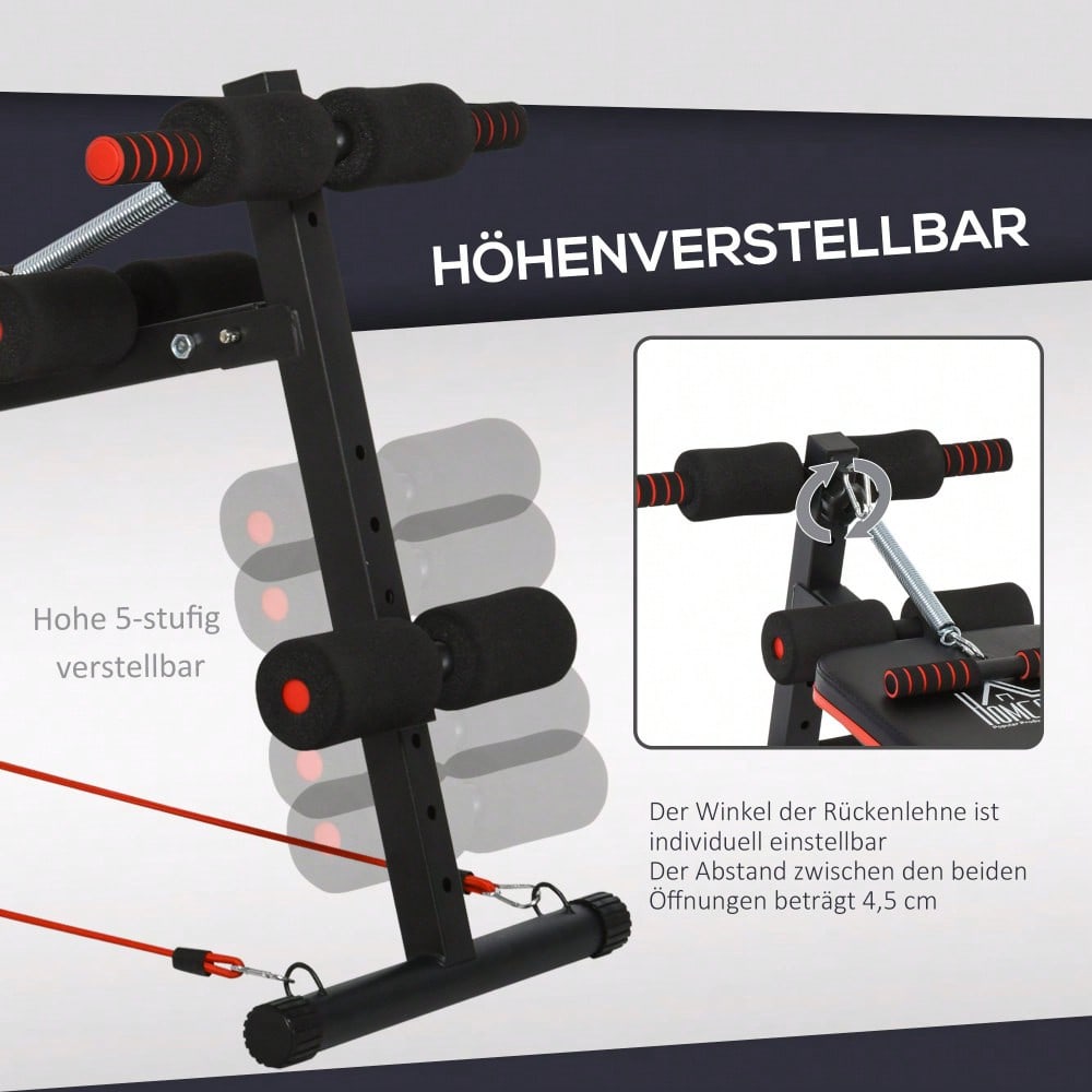 HOMCOM Bauchtrainer Bank Verstellbar & Klappbar, Multifunktionsbank mit Trainingsseilen, Bis 110 kg Belastbar, Für Home Gym & Krafttraining (Schwarz/Rot)