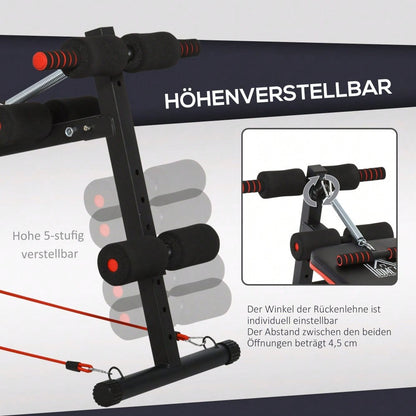 HOMCOM Bauchtrainer Bank Verstellbar & Klappbar, Multifunktionsbank mit Trainingsseilen, Bis 110 kg Belastbar, Für Home Gym & Krafttraining (Schwarz/Rot)