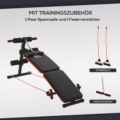 HOMCOM Bauchtrainer Bank Verstellbar & Klappbar, Multifunktionsbank mit Trainingsseilen, Bis 110 kg Belastbar, Für Home Gym & Krafttraining (Schwarz/Rot)