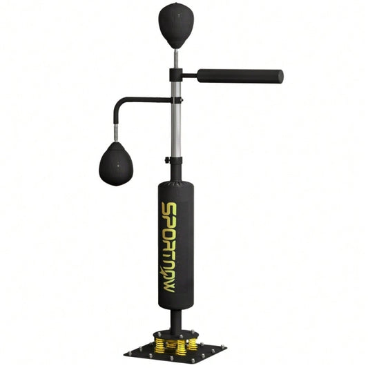 SPORTNOW Boxstand mit 2 Speedballs, Drehbare Boxstange & Kickpolster, Höhenverstellbar (140-205 cm), Stahlrahmen für Boxtraining Zuhause (Schwarz, 107x36 cm)