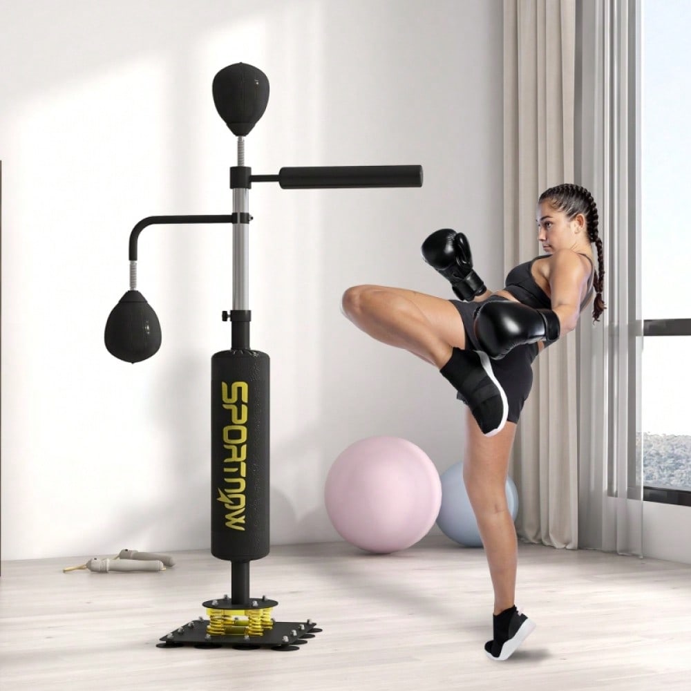 SPORTNOW Boxstand mit 2 Speedballs, Drehbare Boxstange & Kickpolster, Höhenverstellbar (140-205 cm), Stahlrahmen für Boxtraining Zuhause (Schwarz, 107x36 cm)