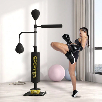 SPORTNOW Boxstand mit 2 Speedballs, Drehbare Boxstange & Kickpolster, Höhenverstellbar (140-205 cm), Stahlrahmen für Boxtraining Zuhause (Schwarz, 107x36 cm)