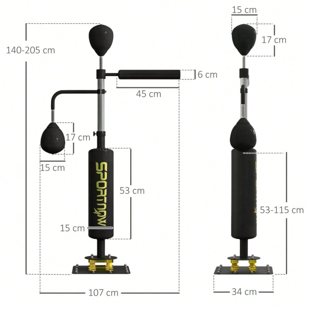 SPORTNOW Boxstand mit 2 Speedballs, Drehbare Boxstange & Kickpolster, Höhenverstellbar (140-205 cm), Stahlrahmen für Boxtraining Zuhause (Schwarz, 107x36 cm)