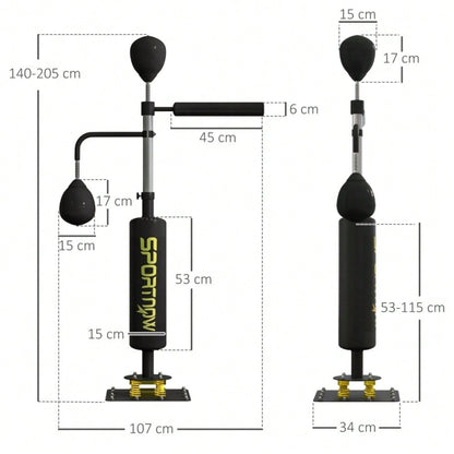 SPORTNOW Boxstand mit 2 Speedballs, Drehbare Boxstange & Kickpolster, Höhenverstellbar (140-205 cm), Stahlrahmen für Boxtraining Zuhause (Schwarz, 107x36 cm)