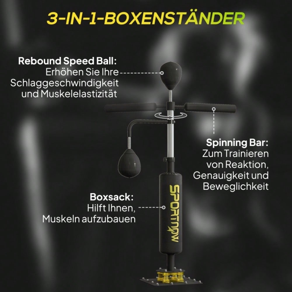 SPORTNOW Boxstand mit 2 Speedballs, Drehbare Boxstange & Kickpolster, Höhenverstellbar (140-205 cm), Stahlrahmen für Boxtraining Zuhause (Schwarz, 107x36 cm)