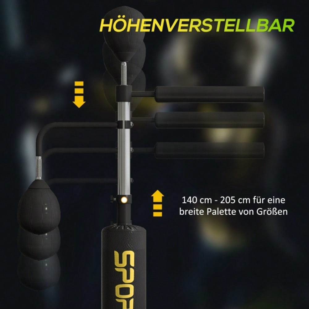 SPORTNOW Boxstand mit 2 Speedballs, Drehbare Boxstange & Kickpolster, Höhenverstellbar (140-205 cm), Stahlrahmen für Boxtraining Zuhause (Schwarz, 107x36 cm)