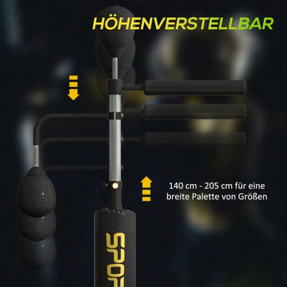 SPORTNOW Boxstand mit 2 Speedballs, Drehbare Boxstange & Kickpolster, Höhenverstellbar (140-205 cm), Stahlrahmen für Boxtraining Zuhause (Schwarz, 107x36 cm)