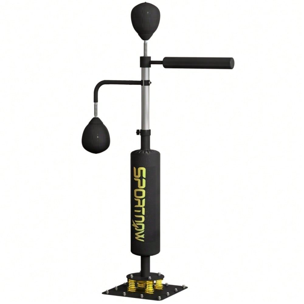 SPORTNOW Boxstand mit 2 Speedballs, Drehbare Boxstange & Kickpolster, Höhenverstellbar (140-205 cm), Stahlrahmen für Boxtraining Zuhause (Schwarz, 107x36 cm)