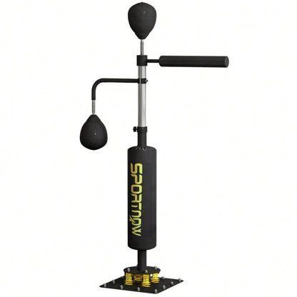 SPORTNOW Boxstand mit 2 Speedballs, Drehbare Boxstange & Kickpolster, Höhenverstellbar (140-205 cm), Stahlrahmen für Boxtraining Zuhause (Schwarz, 107x36 cm)