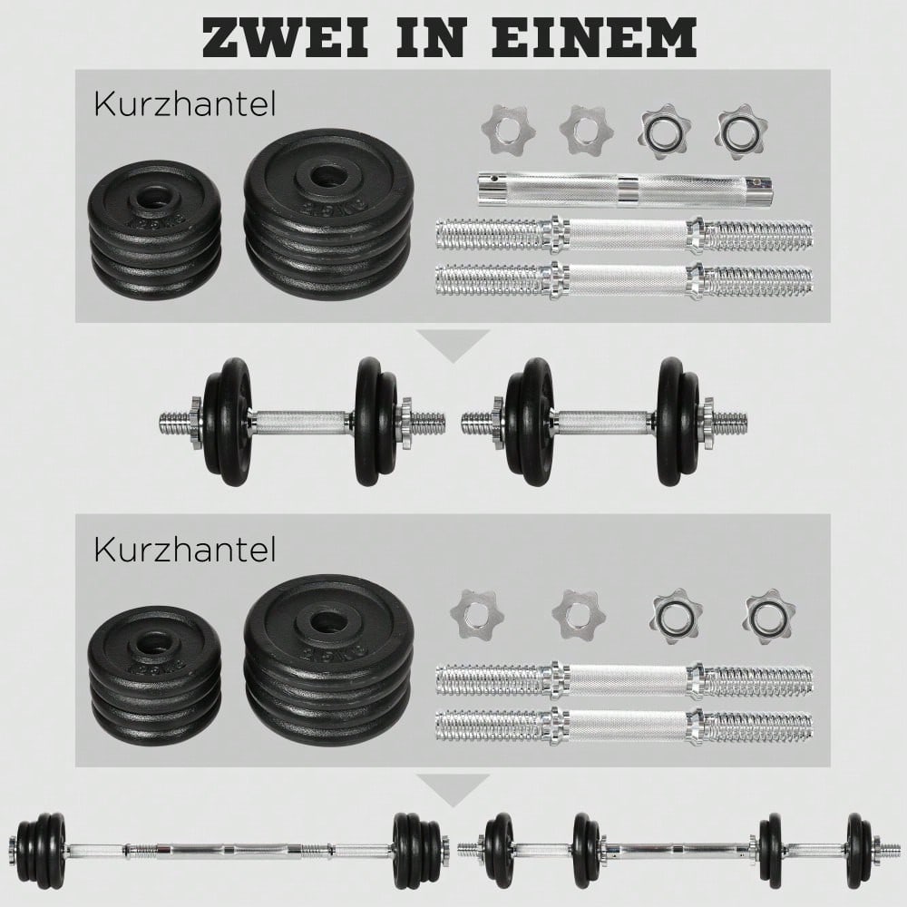 HOMCOM 2-in-1 Hantelset 20kg Verstellbar, Kurz- & Langhantel mit Verbindungsstange, Rostfreie & Rutschfeste Griffe, Für Home Gym & Krafttraining