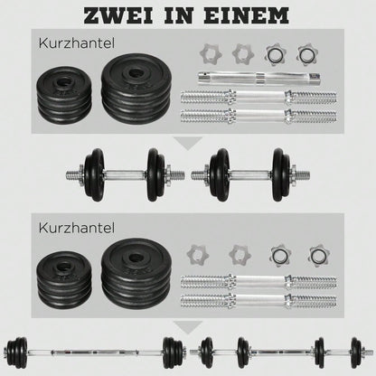 HOMCOM 2-in-1 Hantelset 20kg Verstellbar, Kurz- & Langhantel mit Verbindungsstange, Rostfreie & Rutschfeste Griffe, Für Home Gym & Krafttraining