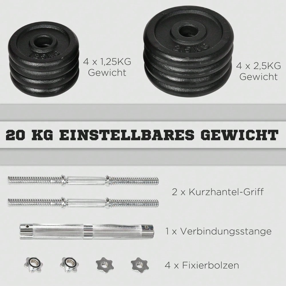 HOMCOM 2-in-1 Hantelset 20kg Verstellbar, Kurz- & Langhantel mit Verbindungsstange, Rostfreie & Rutschfeste Griffe, Für Home Gym & Krafttraining