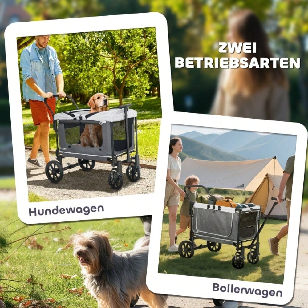 PawHut Hundebuggy Klappbar für Hunde & Katzen bis 30 kg, Mit Kissen, Netzfenstern & Aufbewahrungstasche, Leichtlaufräder (Dunkelgrau)