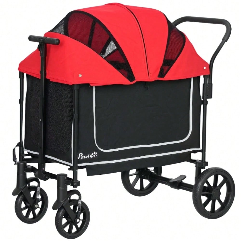 PawHut Hundebuggy Klappbar für Hunde & Katzen bis 30 kg, Transportwagen mit Leichtlaufrädern, Großraum-Innenbereich 110x65x102 cm (Rot)