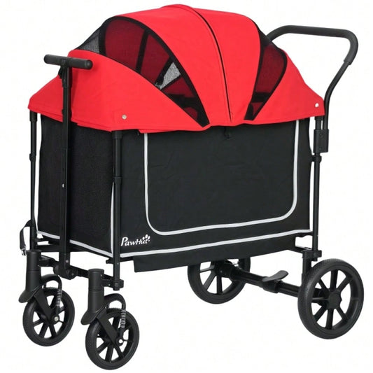 PawHut Hundebuggy Klappbar für Hunde & Katzen bis 30 kg, Transportwagen mit Leichtlaufrädern, Großraum-Innenbereich 110x65x102 cm (Rot)