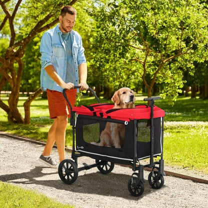 PawHut Hundebuggy Klappbar für Hunde & Katzen bis 30 kg, Transportwagen mit Leichtlaufrädern, Großraum-Innenbereich 110x65x102 cm (Rot)