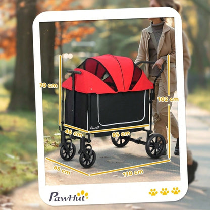 PawHut Hundebuggy Klappbar für Hunde & Katzen bis 30 kg, Transportwagen mit Leichtlaufrädern, Großraum-Innenbereich 110x65x102 cm (Rot)