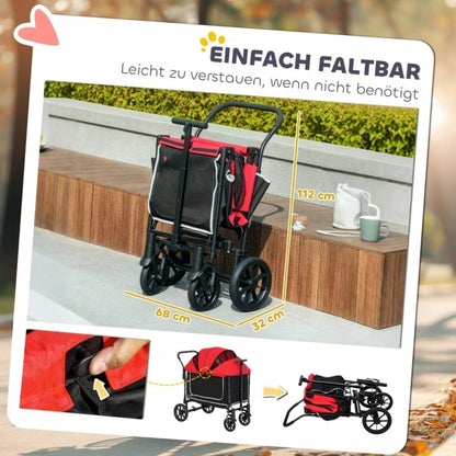 PawHut Hundebuggy Klappbar für Hunde & Katzen bis 30 kg, Transportwagen mit Leichtlaufrädern, Großraum-Innenbereich 110x65x102 cm (Rot)