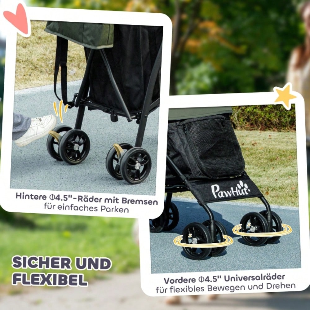 PawHut Haustierwagen mit Sicherheitsleinen & Netzfenstern, Transportwagen für Hunde und Katzen, 76x44x103 cm (Dunkelgrün)