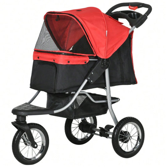 PawHut 3-Rad Hundebuggy Klappbar für Hunde & Katzen, Mit Sicherheitsgurten & Netzfenstern, Leichtlaufräder, Oxford-Stoff (Rot/Schwarz, 109.5x54.5x106.5 cm)