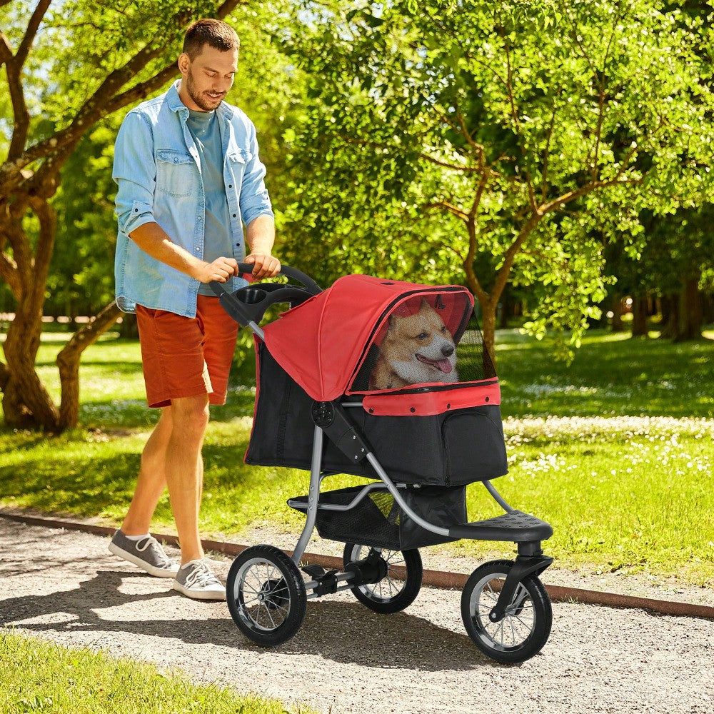 PawHut 3-Rad Hundebuggy Klappbar für Hunde & Katzen, Mit Sicherheitsgurten & Netzfenstern, Leichtlaufräder, Oxford-Stoff (Rot/Schwarz, 109.5x54.5x106.5 cm)