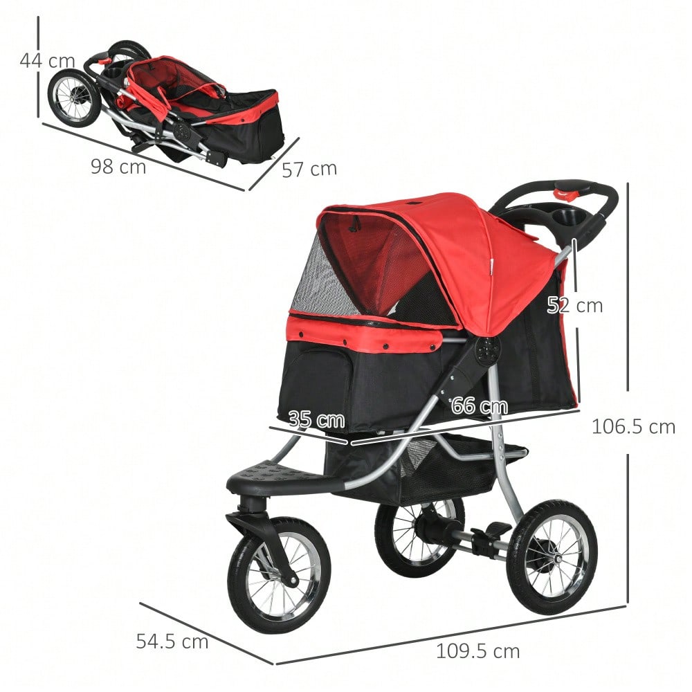 PawHut 3-Rad Hundebuggy Klappbar für Hunde & Katzen, Mit Sicherheitsgurten & Netzfenstern, Leichtlaufräder, Oxford-Stoff (Rot/Schwarz, 109.5x54.5x106.5 cm)