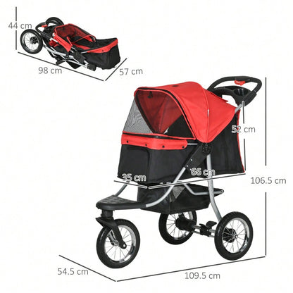 PawHut 3-Rad Hundebuggy Klappbar für Hunde & Katzen, Mit Sicherheitsgurten & Netzfenstern, Leichtlaufräder, Oxford-Stoff (Rot/Schwarz, 109.5x54.5x106.5 cm)