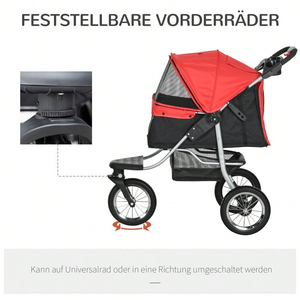 PawHut 3-Rad Hundebuggy Klappbar für Hunde & Katzen, Mit Sicherheitsgurten & Netzfenstern, Leichtlaufräder, Oxford-Stoff (Rot/Schwarz, 109.5x54.5x106.5 cm)