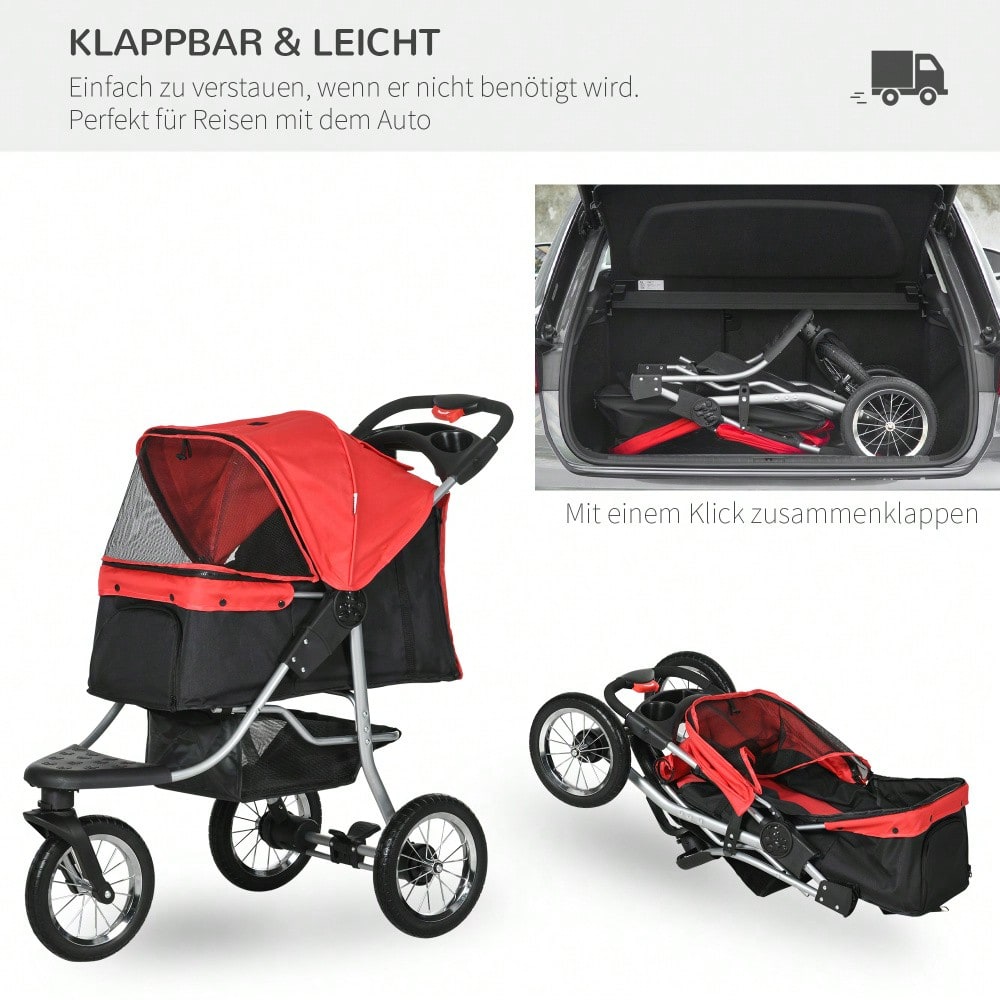 PawHut 3-Rad Hundebuggy Klappbar für Hunde & Katzen, Mit Sicherheitsgurten & Netzfenstern, Leichtlaufräder, Oxford-Stoff (Rot/Schwarz, 109.5x54.5x106.5 cm)