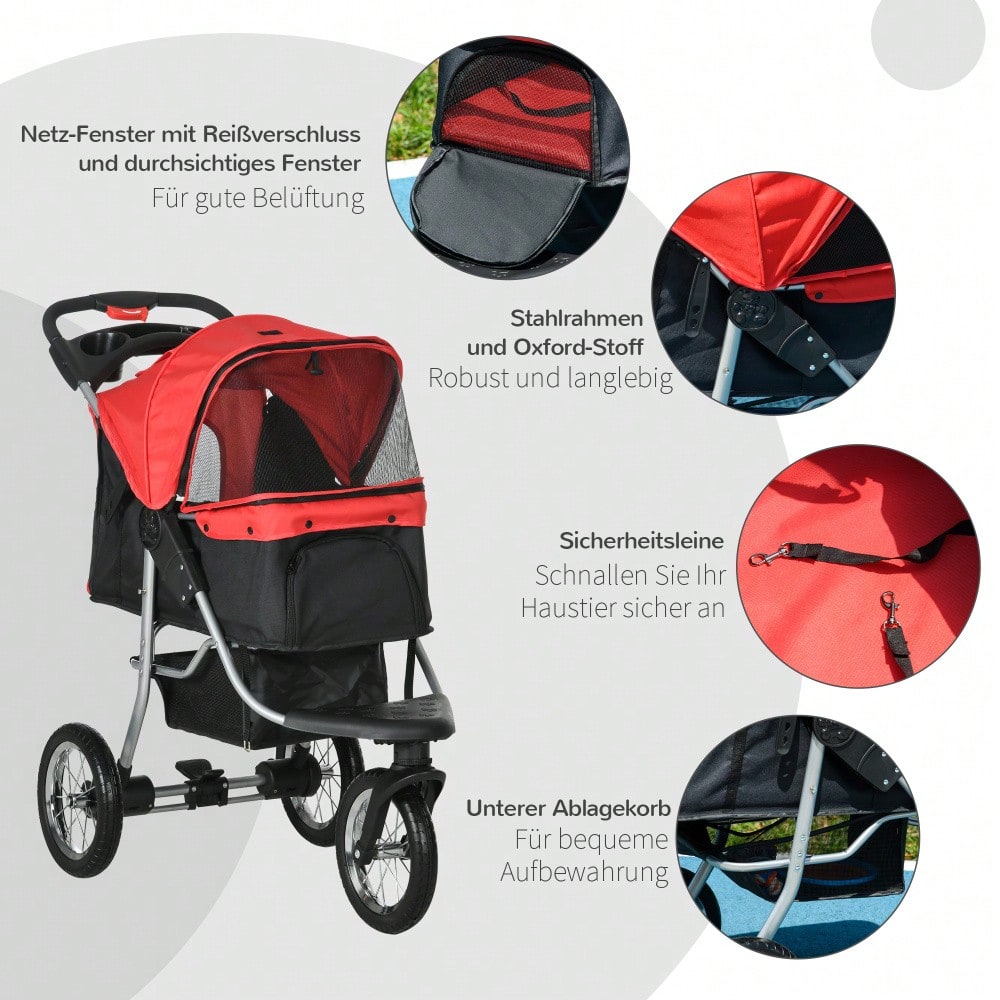 PawHut 3-Rad Hundebuggy Klappbar für Hunde & Katzen, Mit Sicherheitsgurten & Netzfenstern, Leichtlaufräder, Oxford-Stoff (Rot/Schwarz, 109.5x54.5x106.5 cm)