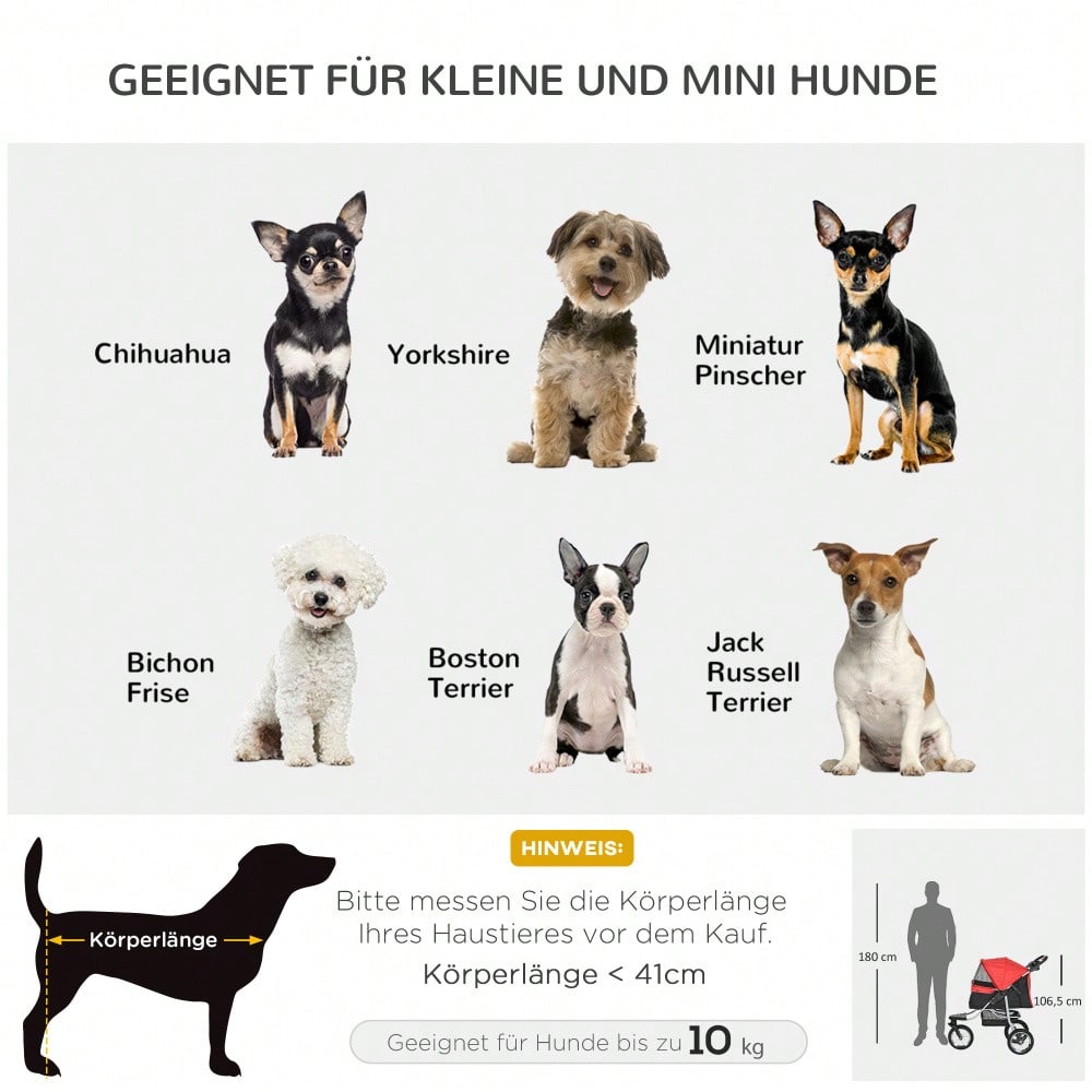 PawHut 3-Rad Hundebuggy Klappbar für Hunde & Katzen, Mit Sicherheitsgurten & Netzfenstern, Leichtlaufräder, Oxford-Stoff (Rot/Schwarz, 109.5x54.5x106.5 cm)