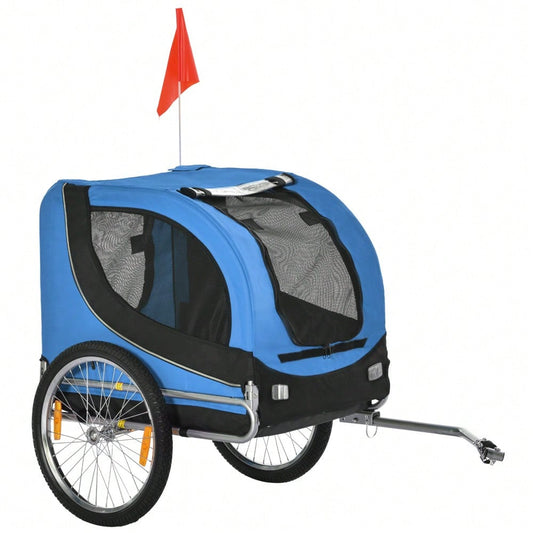 PawHut 2-in-1 Fahrradanhänger & Transportwagen für Hunde, Klappbar mit Sicherheitsleine & Belüftungsnetz, Bis 25kg, Leichtlaufräder (Blau/Schwarz, 130x73x90cm)