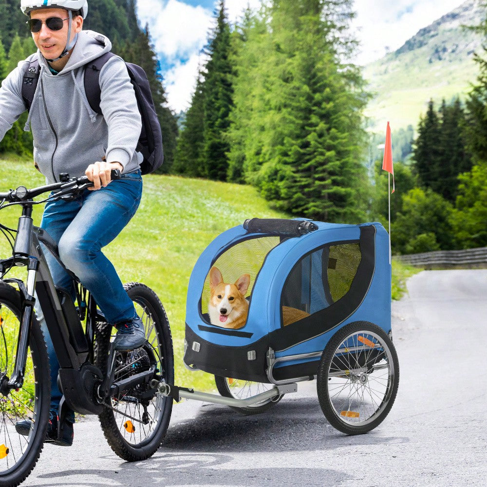 PawHut 2-in-1 Fahrradanhänger & Transportwagen für Hunde, Klappbar mit Sicherheitsleine & Belüftungsnetz, Bis 25kg, Leichtlaufräder (Blau/Schwarz, 130x73x90cm)