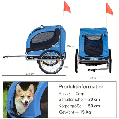PawHut 2-in-1 Fahrradanhänger & Transportwagen für Hunde, Klappbar mit Sicherheitsleine & Belüftungsnetz, Bis 25kg, Leichtlaufräder (Blau/Schwarz, 130x73x90cm)