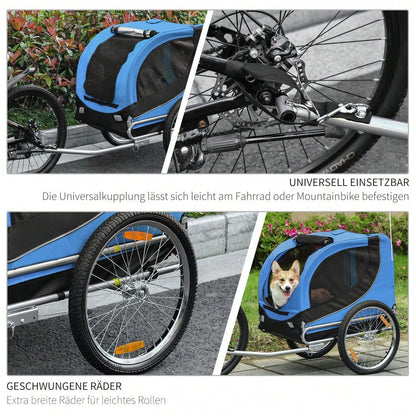 PawHut 2-in-1 Fahrradanhänger & Transportwagen für Hunde, Klappbar mit Sicherheitsleine & Belüftungsnetz, Bis 25kg, Leichtlaufräder (Blau/Schwarz, 130x73x90cm)