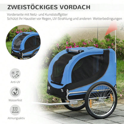 PawHut 2-in-1 Fahrradanhänger & Transportwagen für Hunde, Klappbar mit Sicherheitsleine & Belüftungsnetz, Bis 25kg, Leichtlaufräder (Blau/Schwarz, 130x73x90cm)